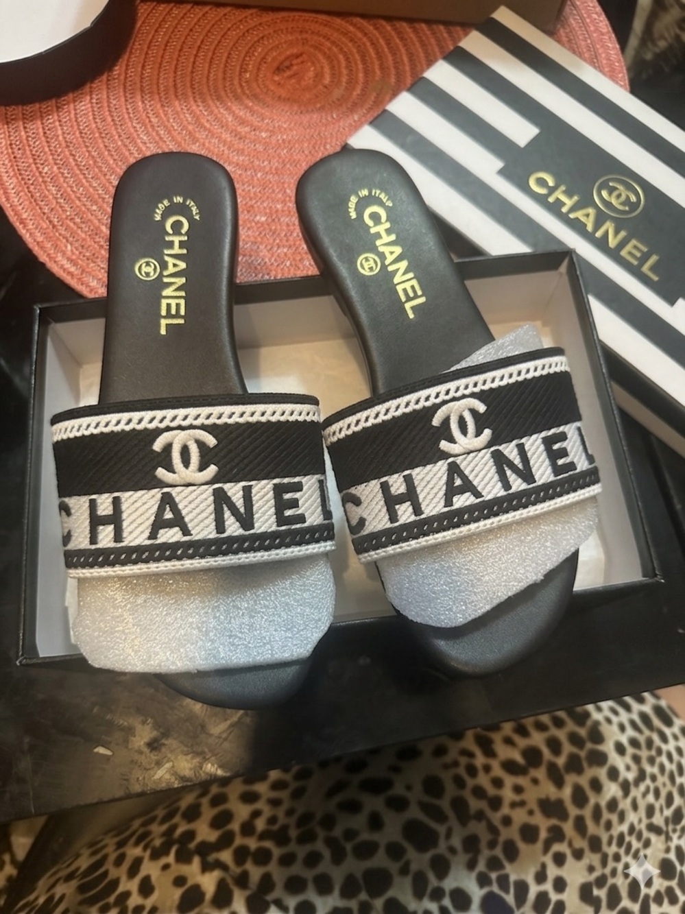 Chanel Black & White Logo Slide Sandals
